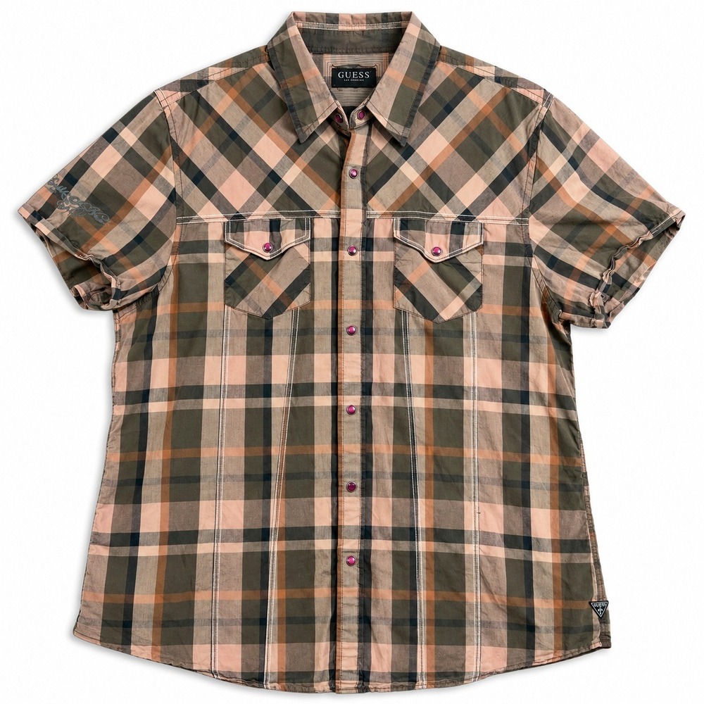 GUESS Los Angeles Men XL Plaid Western Pearl Snap Shirt Embroidered Short Sleeve
